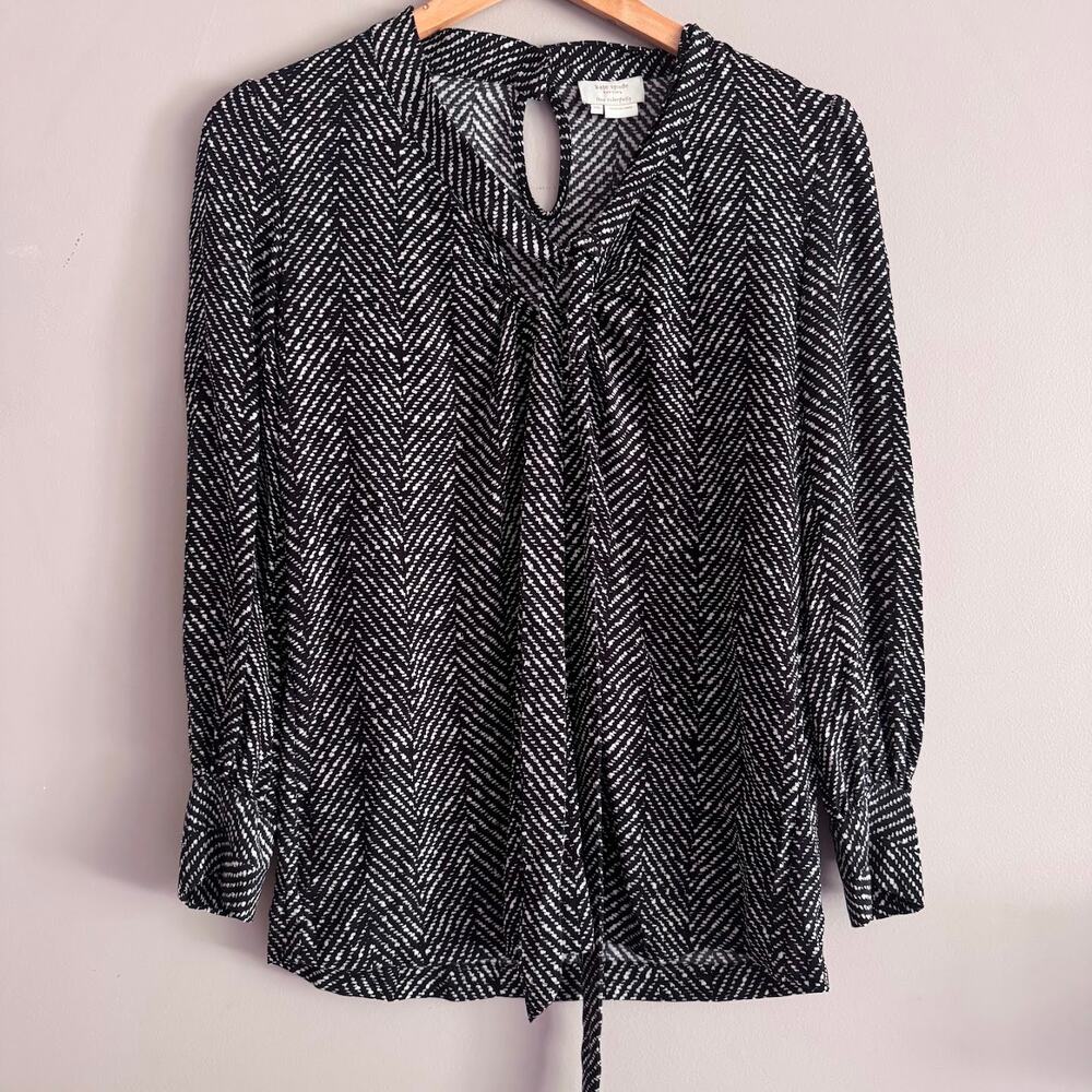 Kate Spade New York Black White Tie Front Silk Blouse Top XS